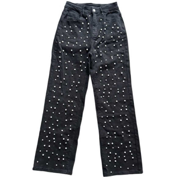 new collection Denim - New Collection Black Pearl Embellished Wide Leg Jeans small NWT